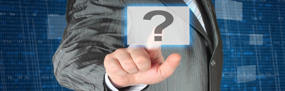 Businessman pushing virtual question button on digital background