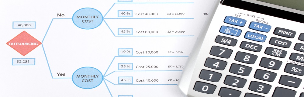 Making business decision about outsourcing. Printed decision tree and calculator top view.